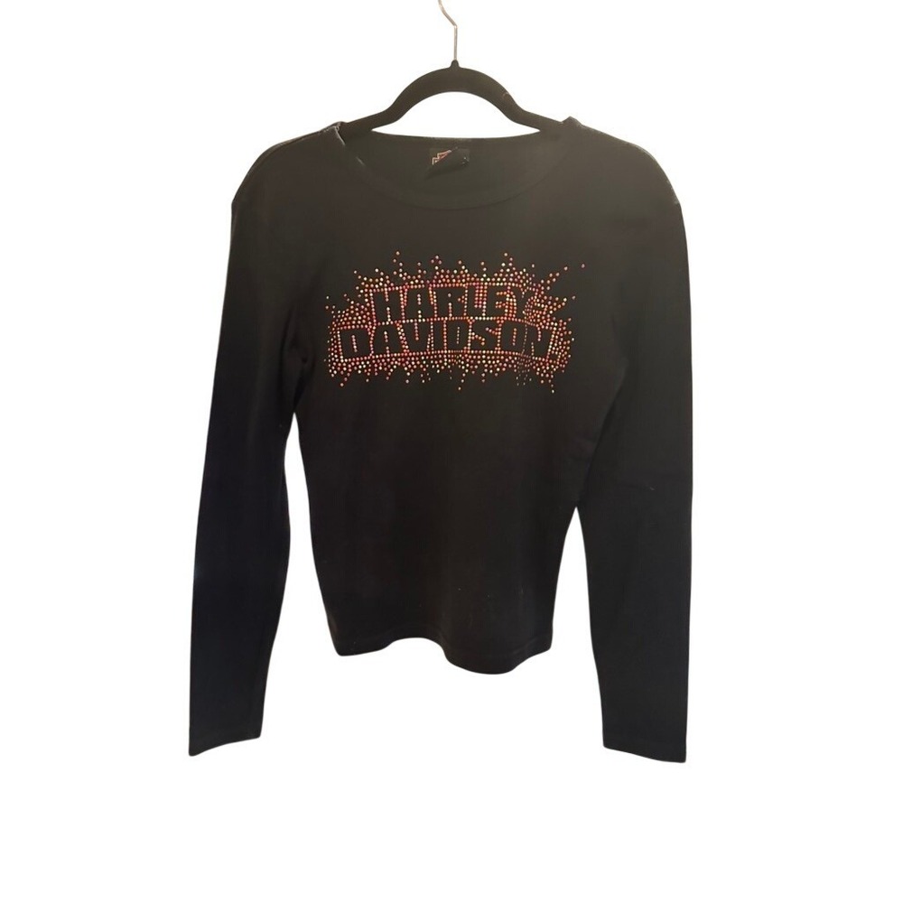 Harley Davidson Womens Rhinestone Long Sleeve Shirt Texas Bedford Black Top